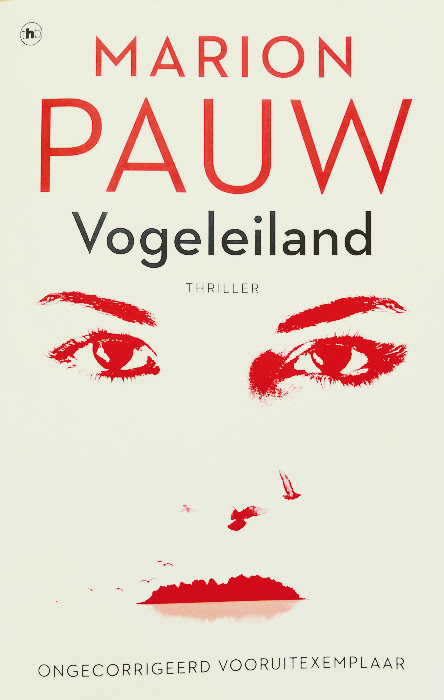 You see the text Marion Pauw with underneath Vogeleiland and underneath that A face with an island as a mouth.