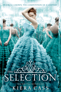 The cover of The Selection, America in a blue dress posing in front of mirrors - BookDragon